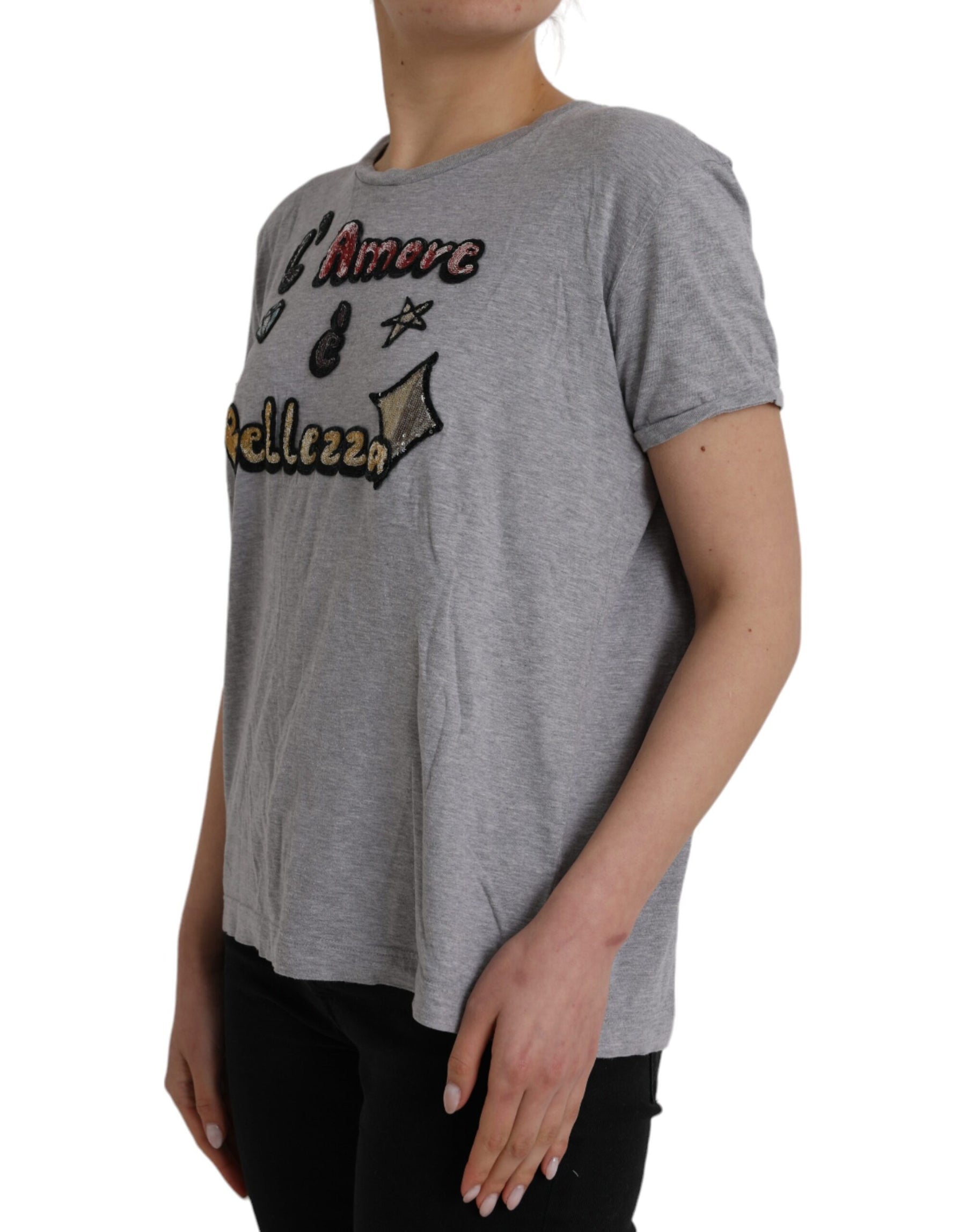 Dolce & Gabbana Gray Cotton L'Amore E'Bellezza Top T-shirt | Regal Royce