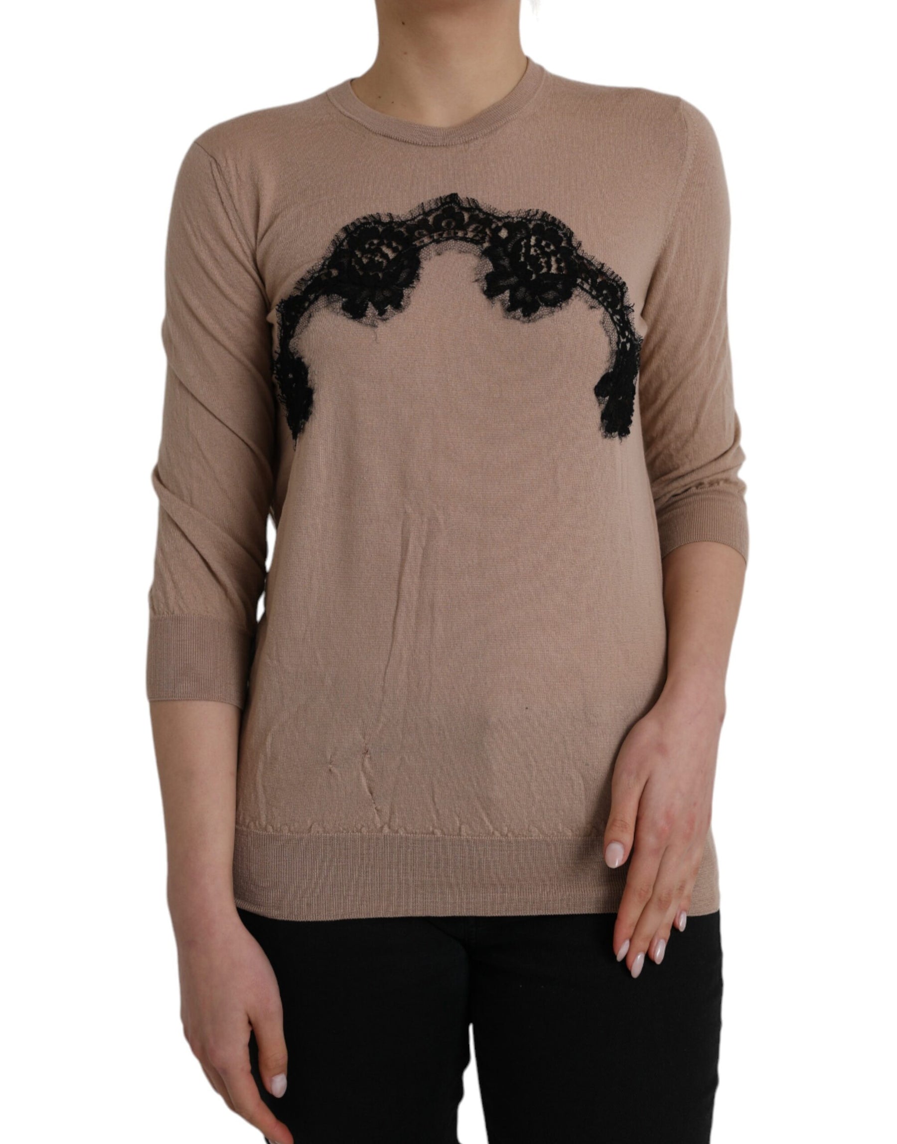 Dolce & Gabbana Brown Wool Black Lace 3/4 Sleeve Blouse Top | Regal Royce
