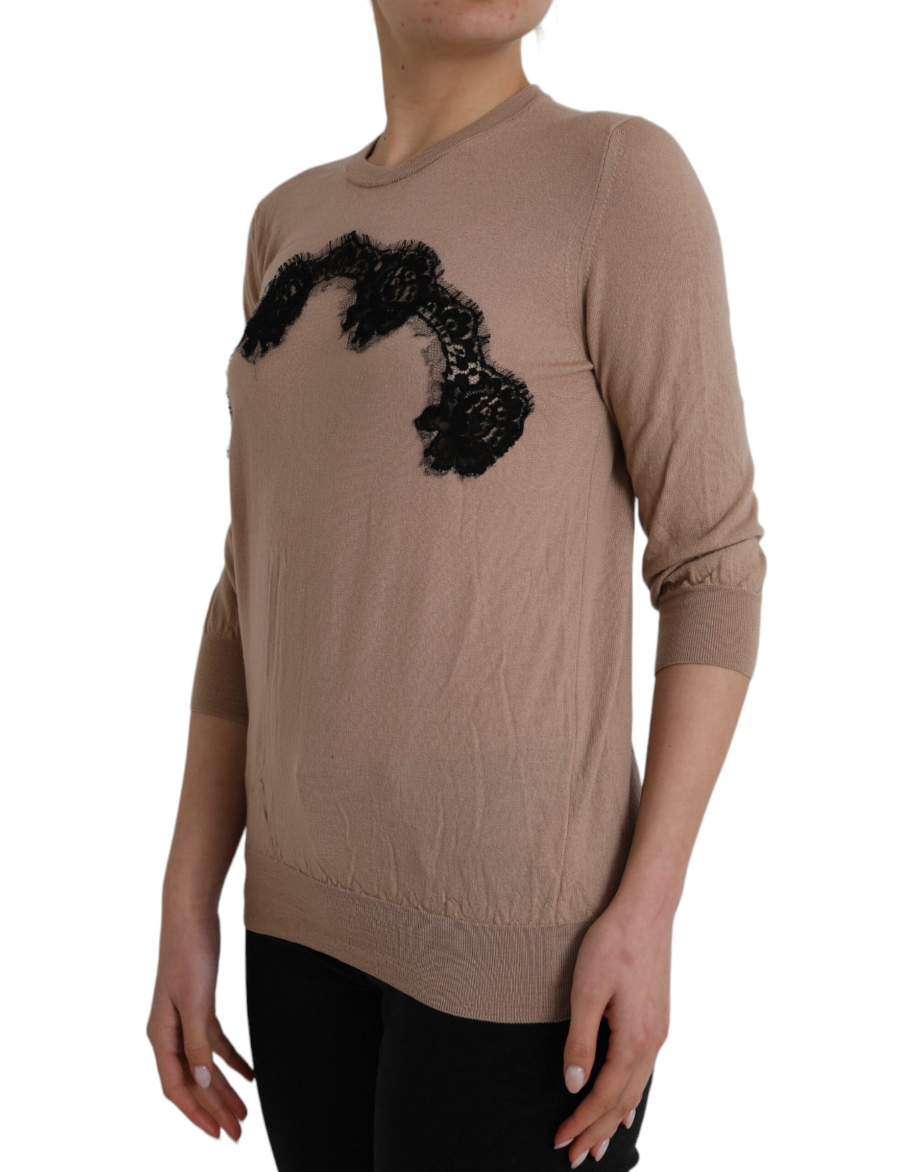 Dolce & Gabbana Brown Wool Black Lace 3/4 Sleeve Blouse Top | Regal Royce