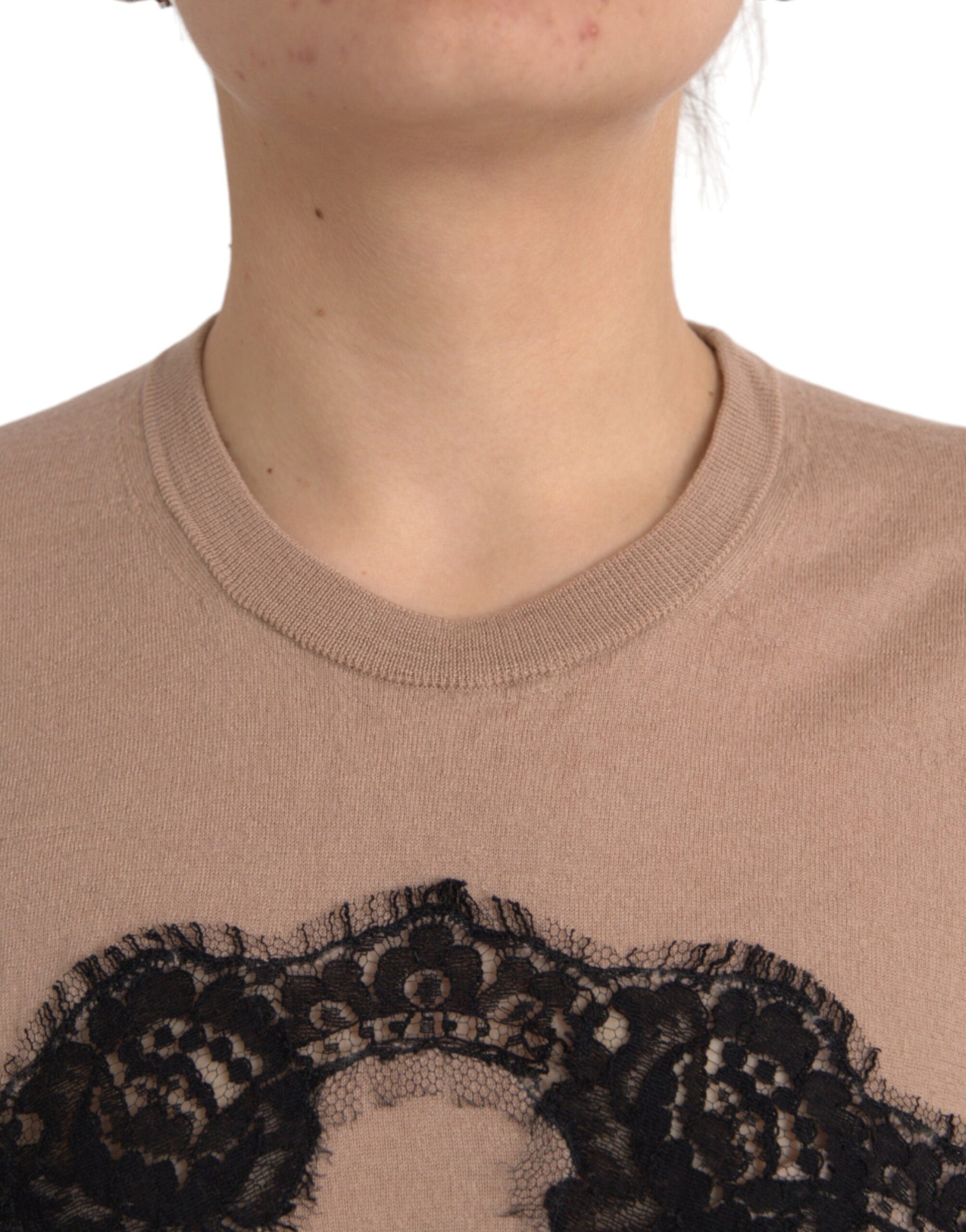 Dolce & Gabbana Brown Wool Black Lace 3/4 Sleeve Blouse Top | Regal Royce