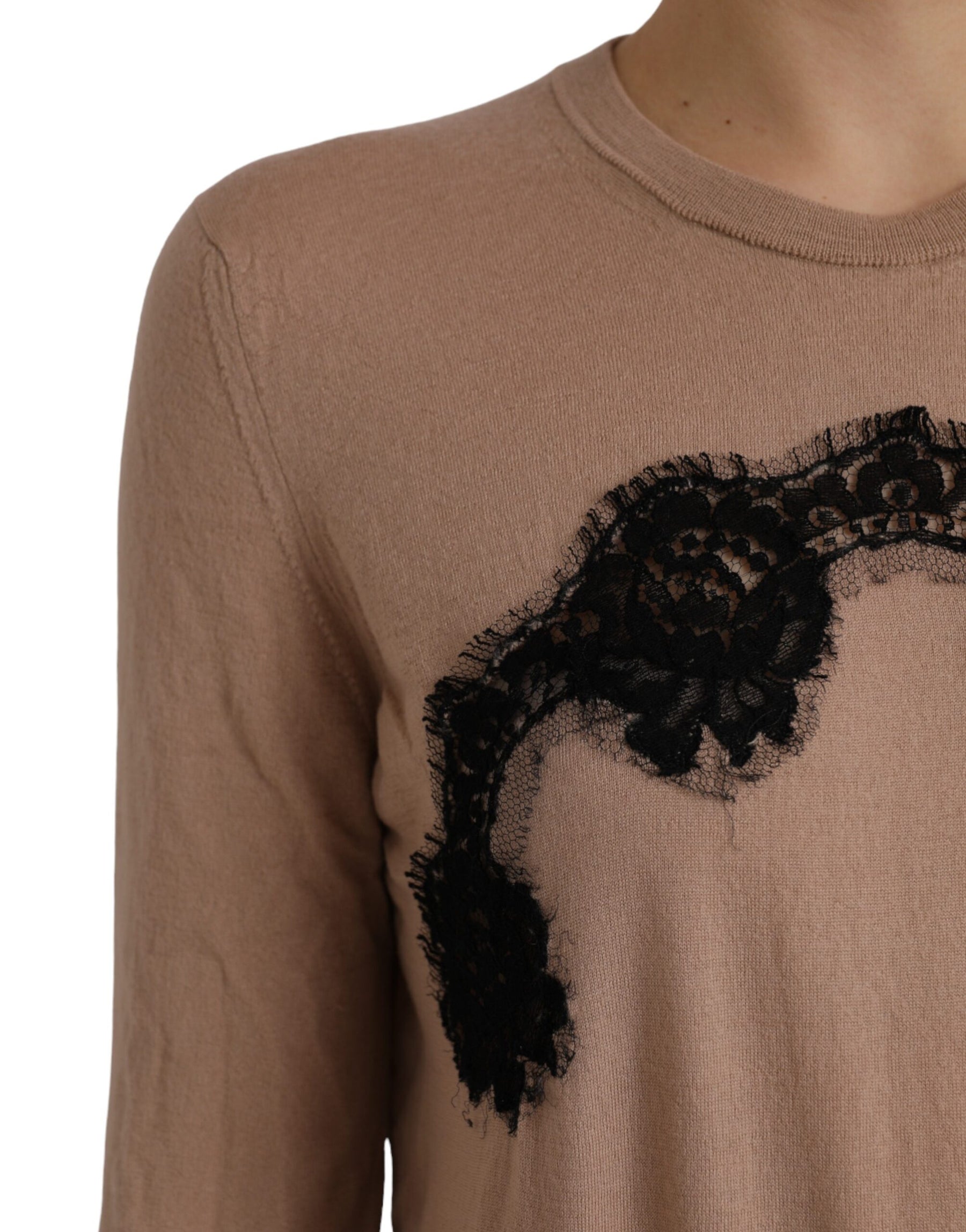 Dolce & Gabbana Brown Wool Black Lace 3/4 Sleeve Blouse Top | Regal Royce