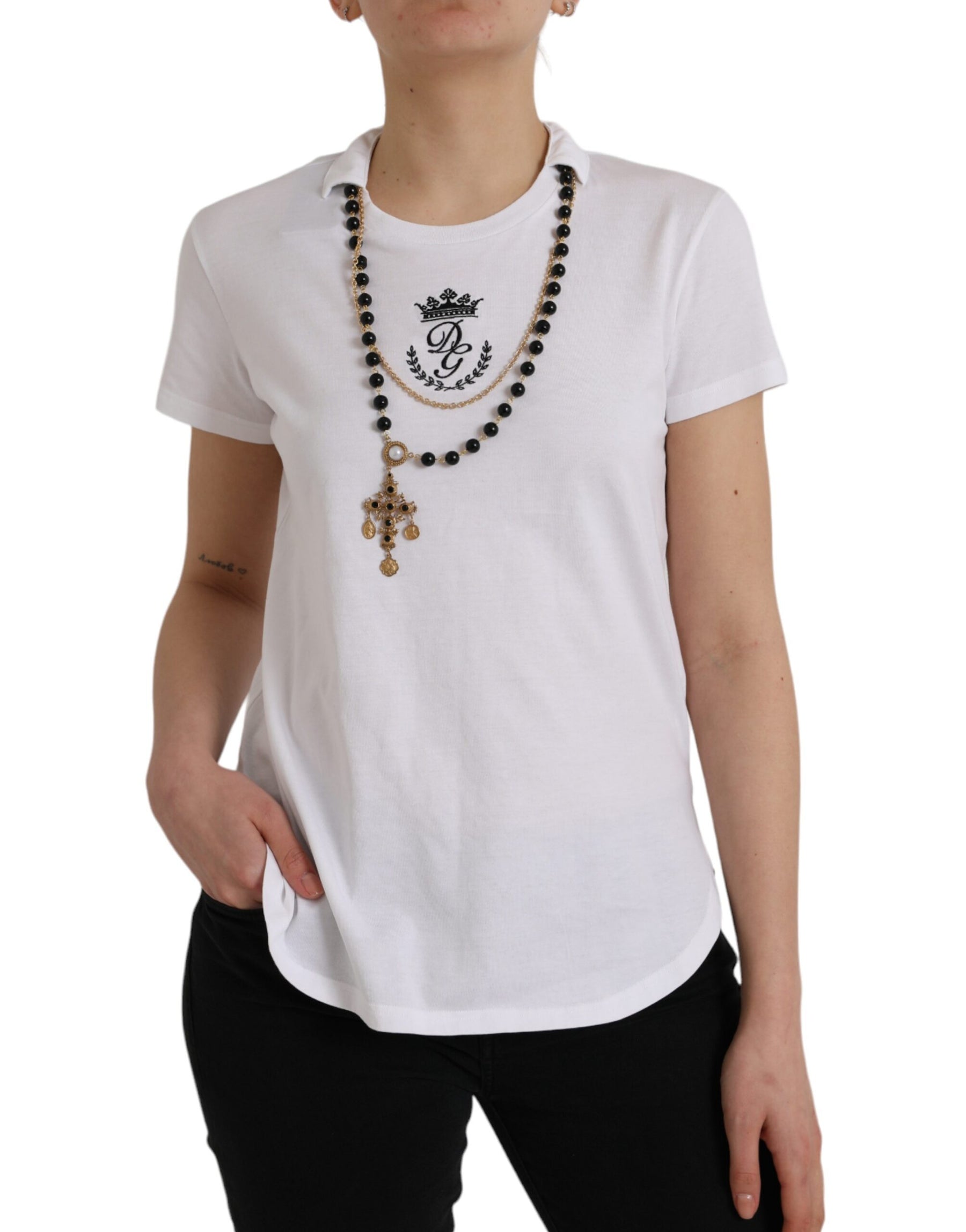 Dolce & Gabbana White Cotton Necklace Short Sleeves T-shirt | Regal Royce