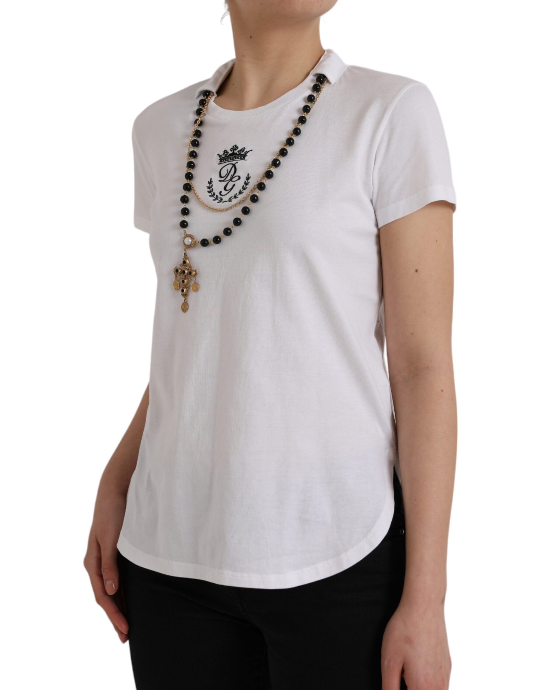 Dolce & Gabbana White Cotton Necklace Short Sleeves T-shirt | Regal Royce
