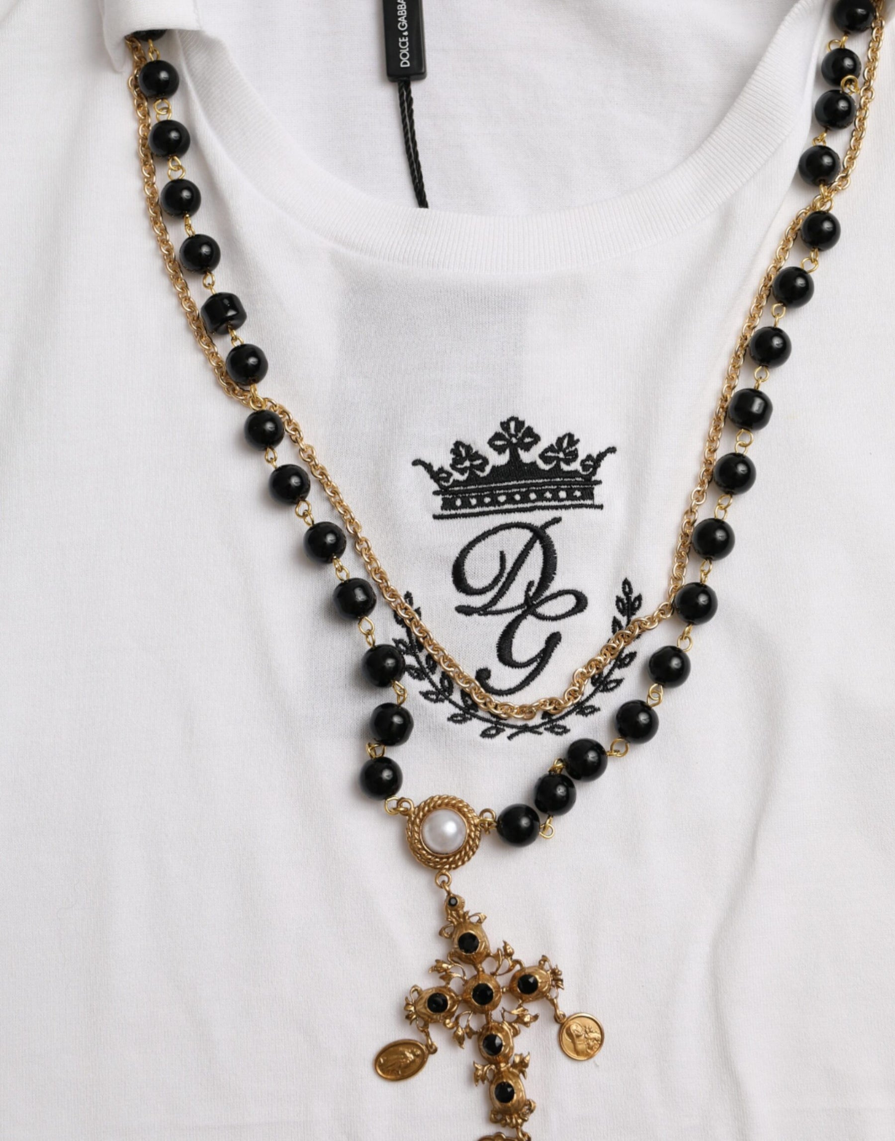 Dolce & Gabbana White Cotton Necklace Short Sleeves T-shirt | Regal Royce