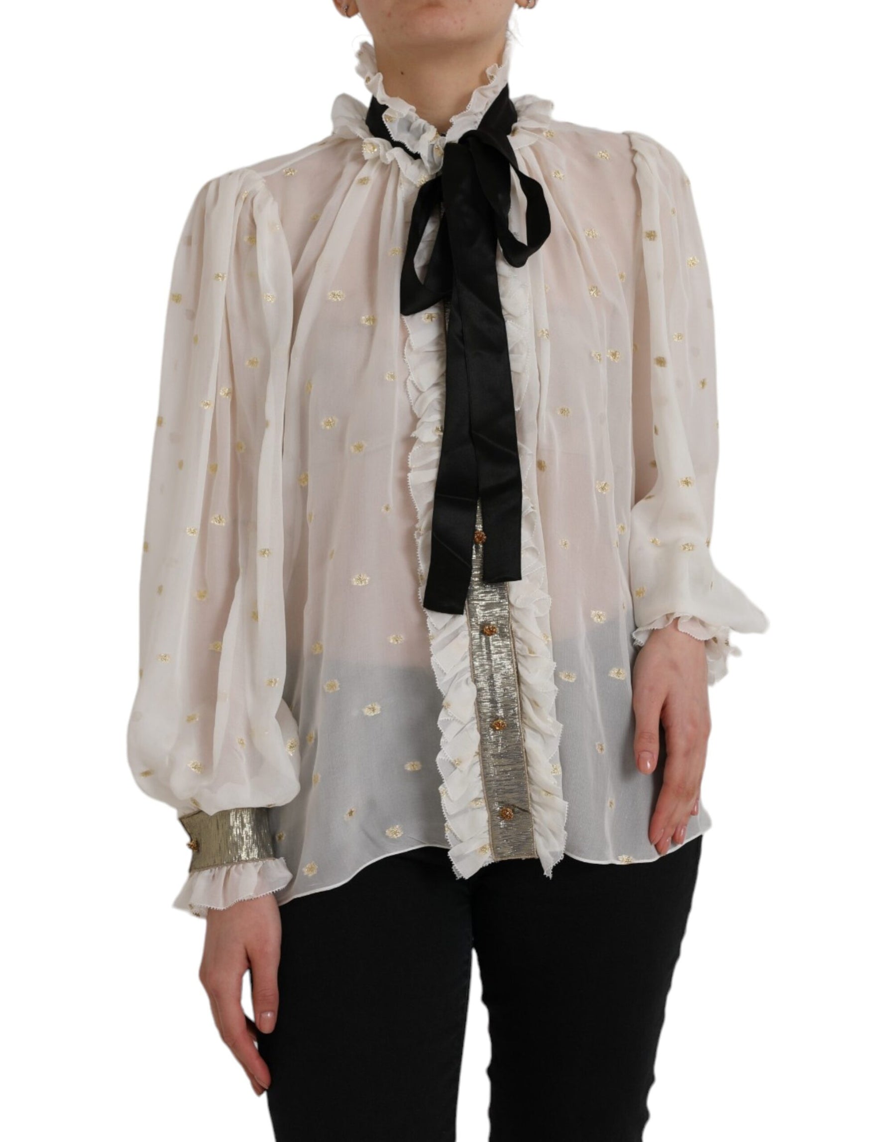Dolce & Gabbana Off White Silk Blend Ascot Collar Blouse Top | Regal Royce