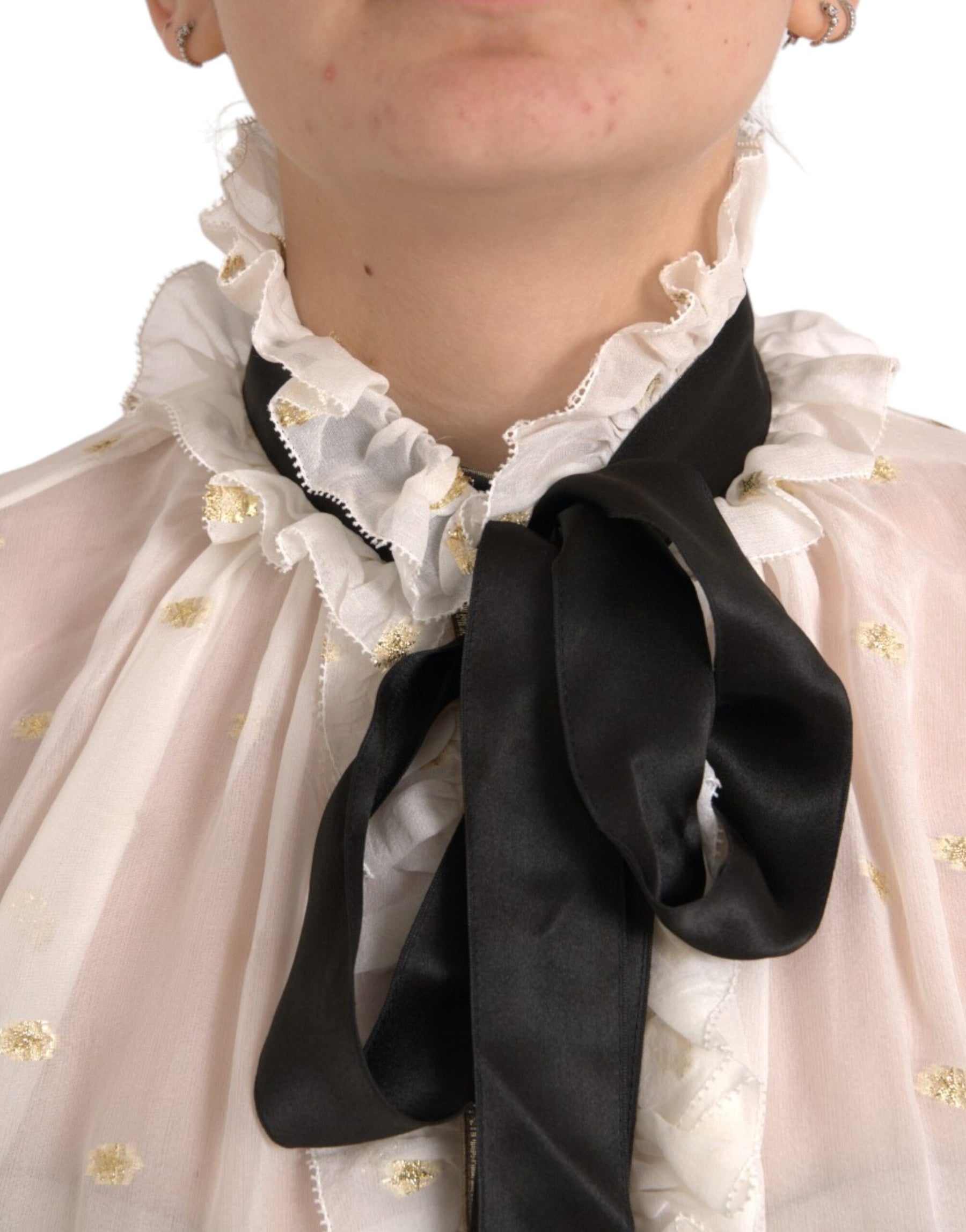 Dolce & Gabbana Off White Silk Blend Ascot Collar Blouse Top | Regal Royce