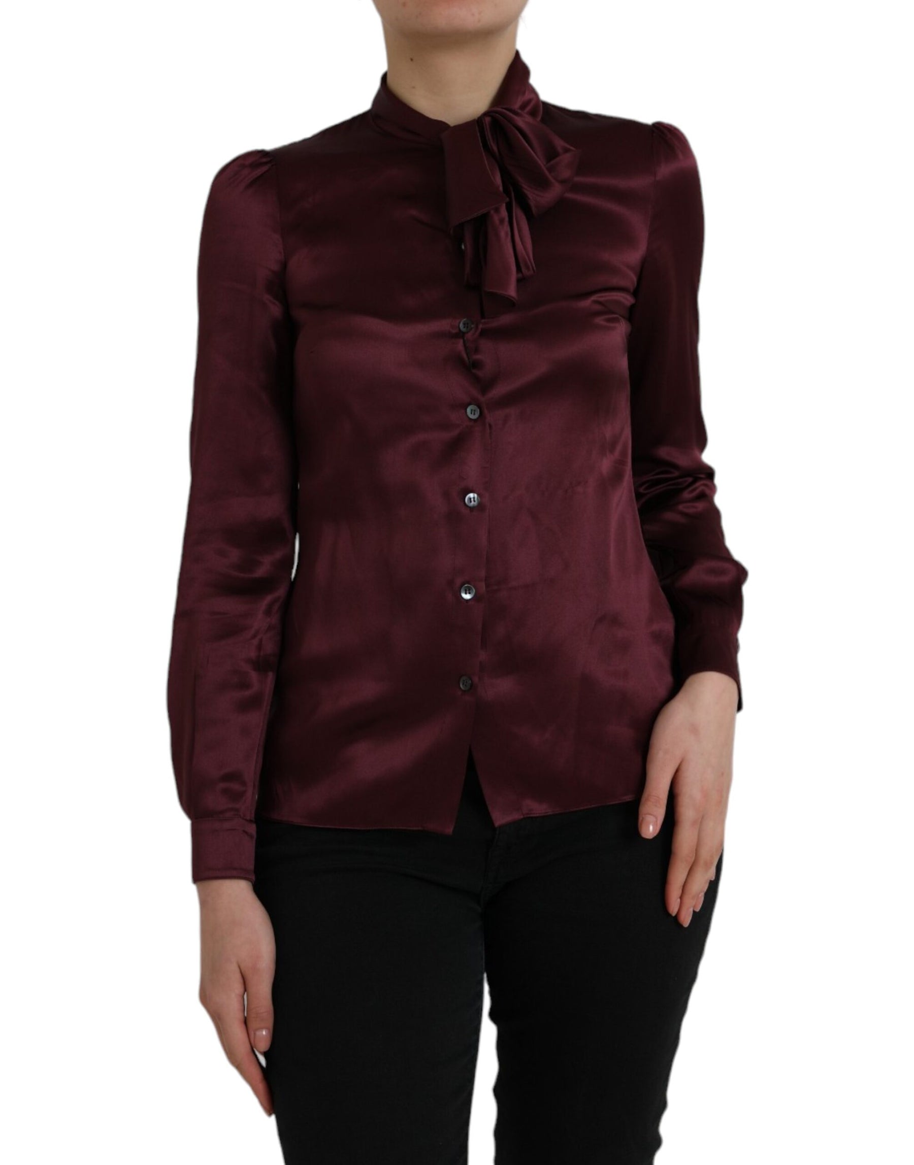 Dolce & Gabbana Maroon Ascot Collar Long Sleeve Top Blouse | Regal Royce