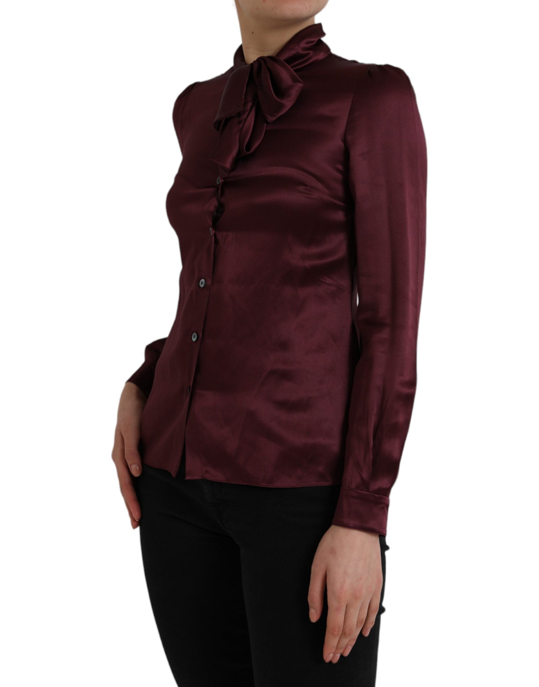 Dolce & Gabbana Maroon Ascot Collar Long Sleeve Top Blouse | Regal Royce