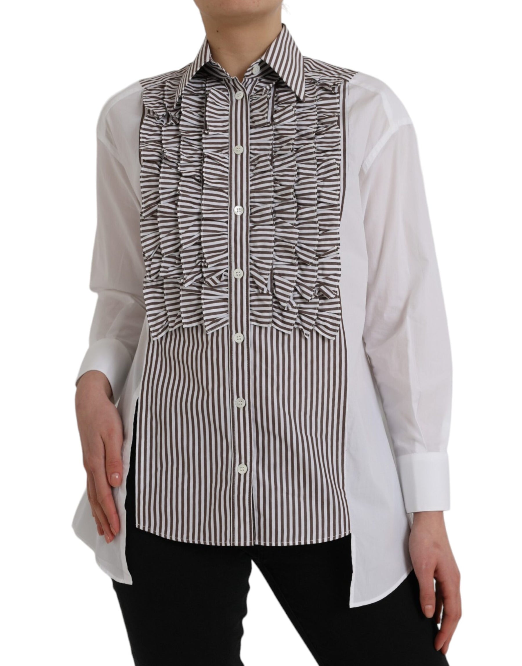 Dolce & Gabbana White Stripes Cotton Long Sleeves Ruffle Collar Top | Regal Royce
