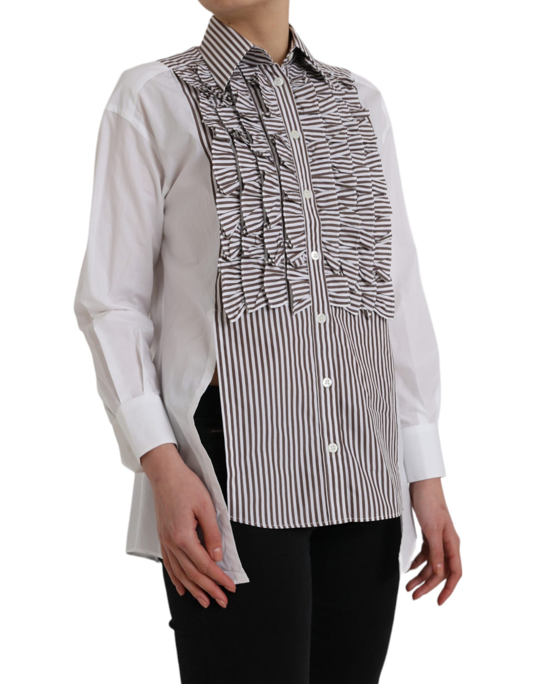 Dolce & Gabbana White Stripes Cotton Long Sleeves Ruffle Collar Top | Regal Royce