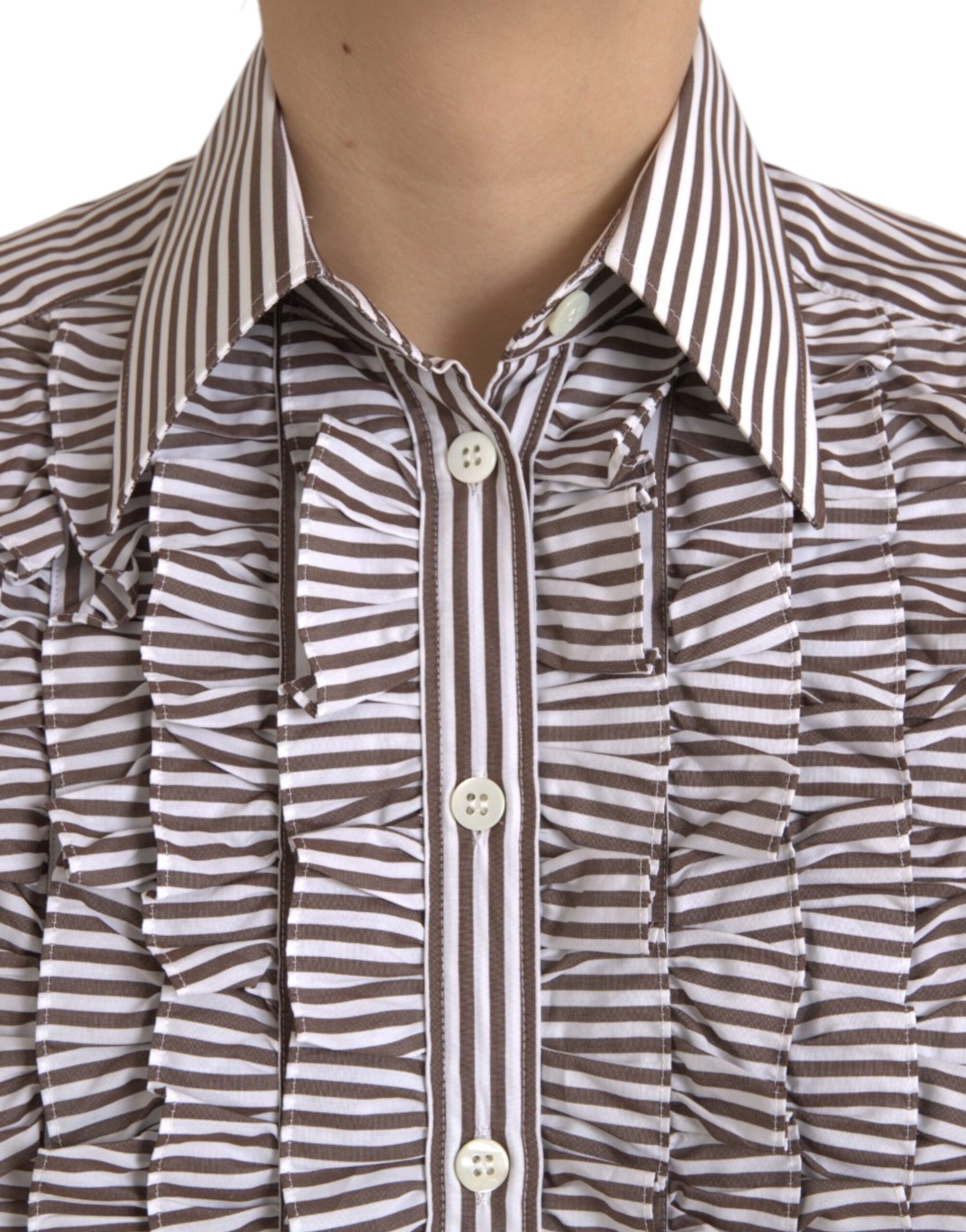 Dolce & Gabbana White Stripes Cotton Long Sleeves Ruffle Collar Top | Regal Royce
