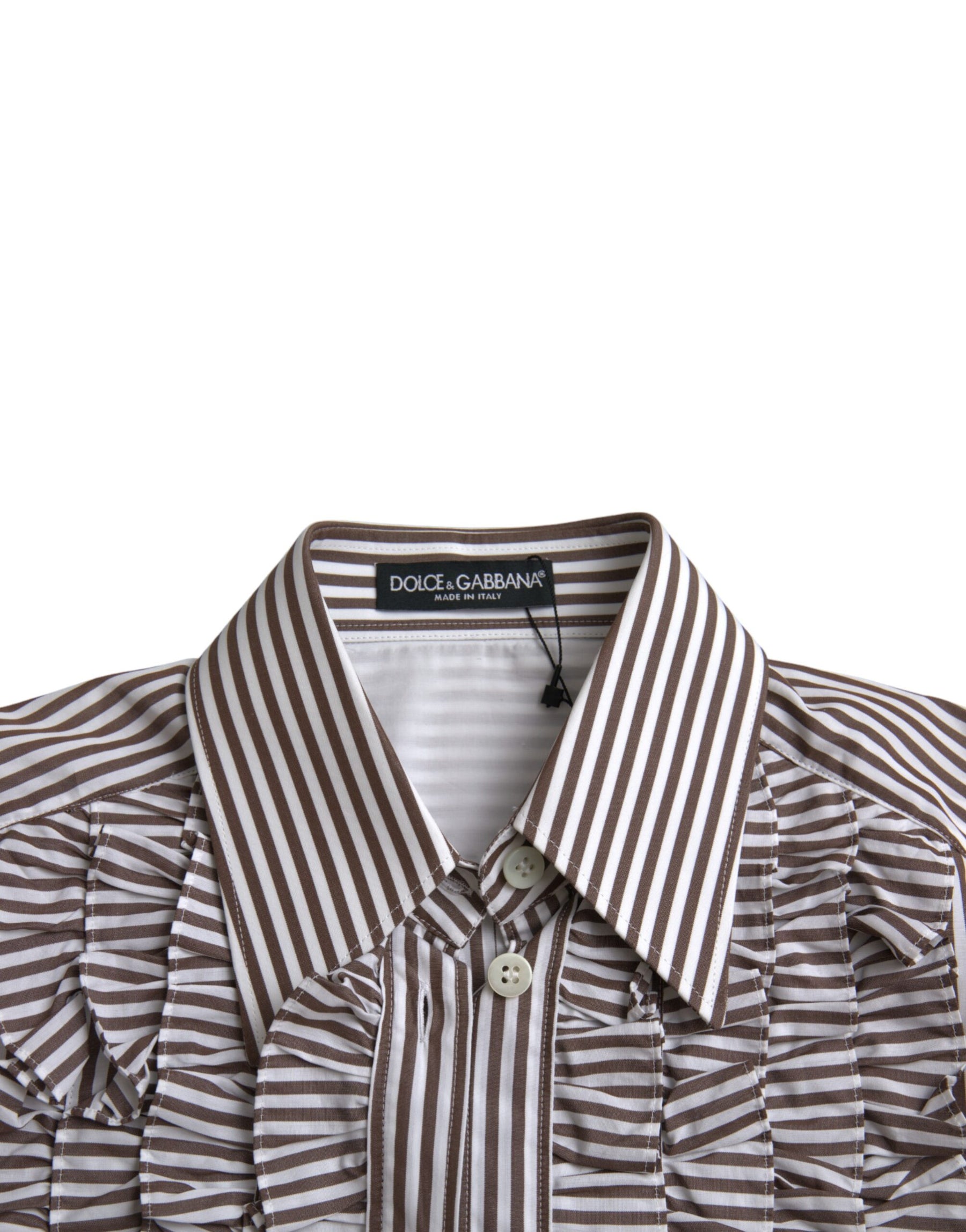 Dolce & Gabbana White Stripes Cotton Long Sleeves Ruffle Collar Top | Regal Royce