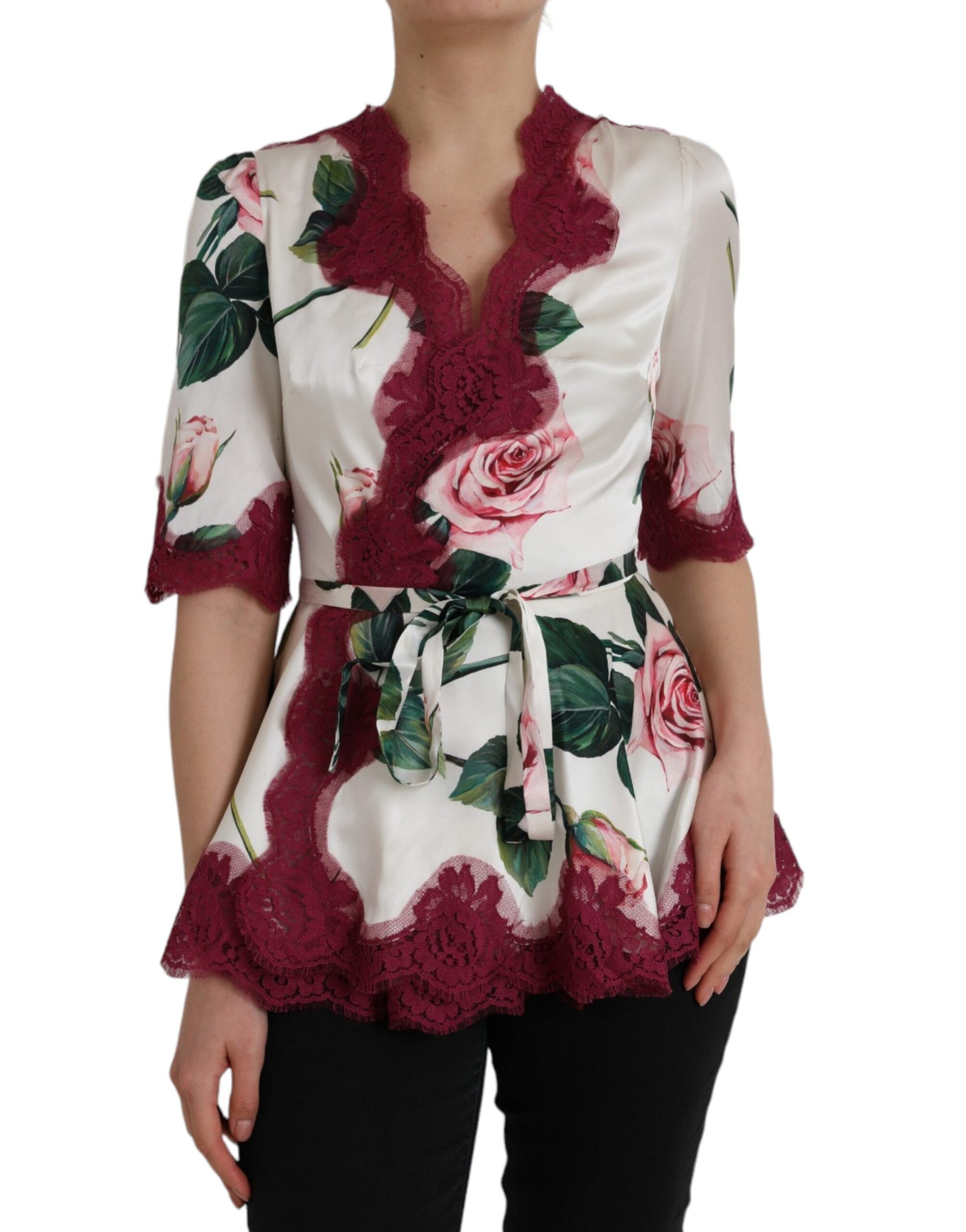 Dolce & Gabbana White Floral Lace Silk Short Sleeves Top | Regal Royce