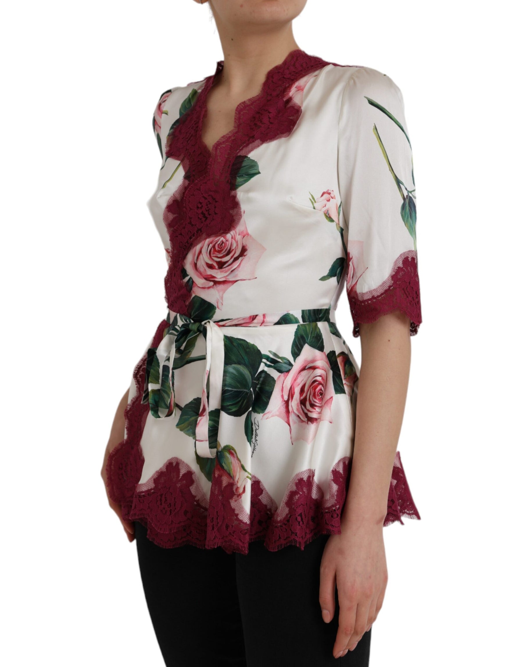 Dolce & Gabbana White Floral Lace Silk Short Sleeves Top | Regal Royce