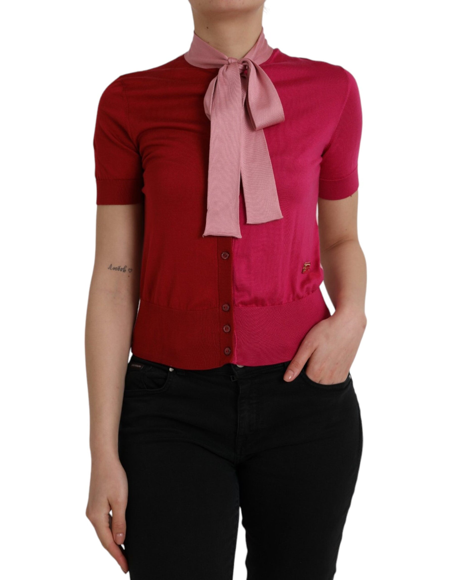 Dolce & Gabbana Pink Short Sleeves Pullover Ascot Collar Top | Regal Royce
