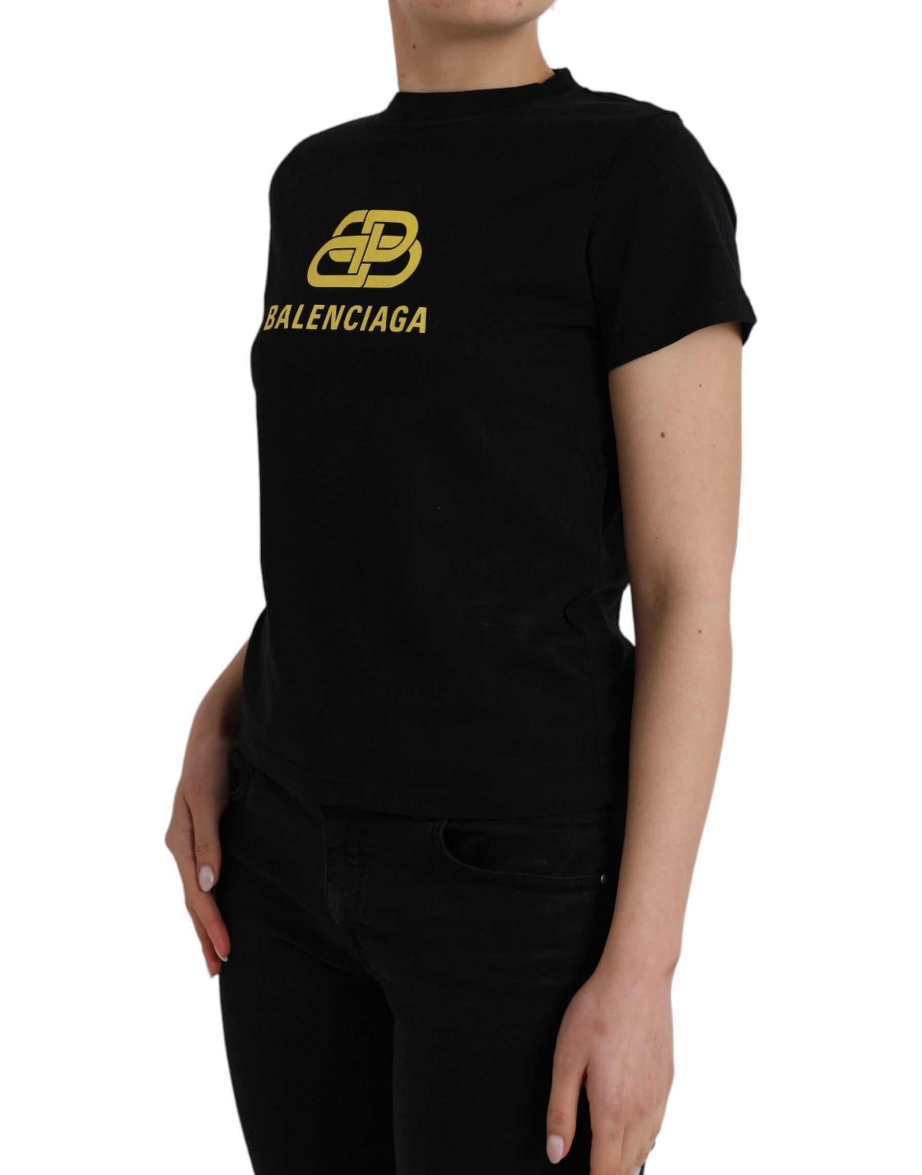 Balenciaga Black Cotton Logo Print Crew Neck Short Sleeves T-shirt | Regal Royce