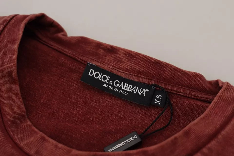 Dolce & Gabbana Maroon Printed Crewneck Tee Cotton T-shirt | Regal Royce
