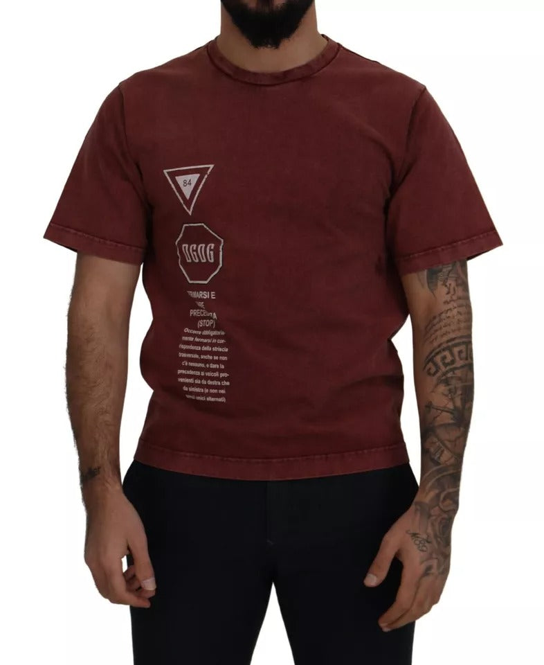 Dolce & Gabbana Maroon Printed Crewneck Tee Cotton T-shirt | Regal Royce