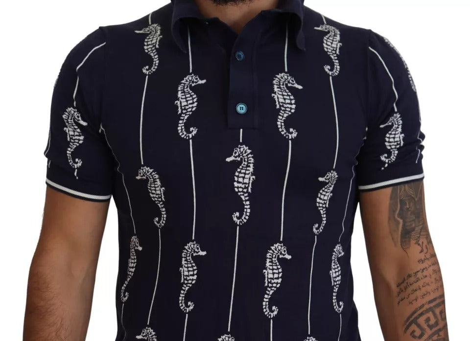 Dolce & Gabbana Dark Blue Sea Horse Collared Polo T-shirt | Regal Royce
