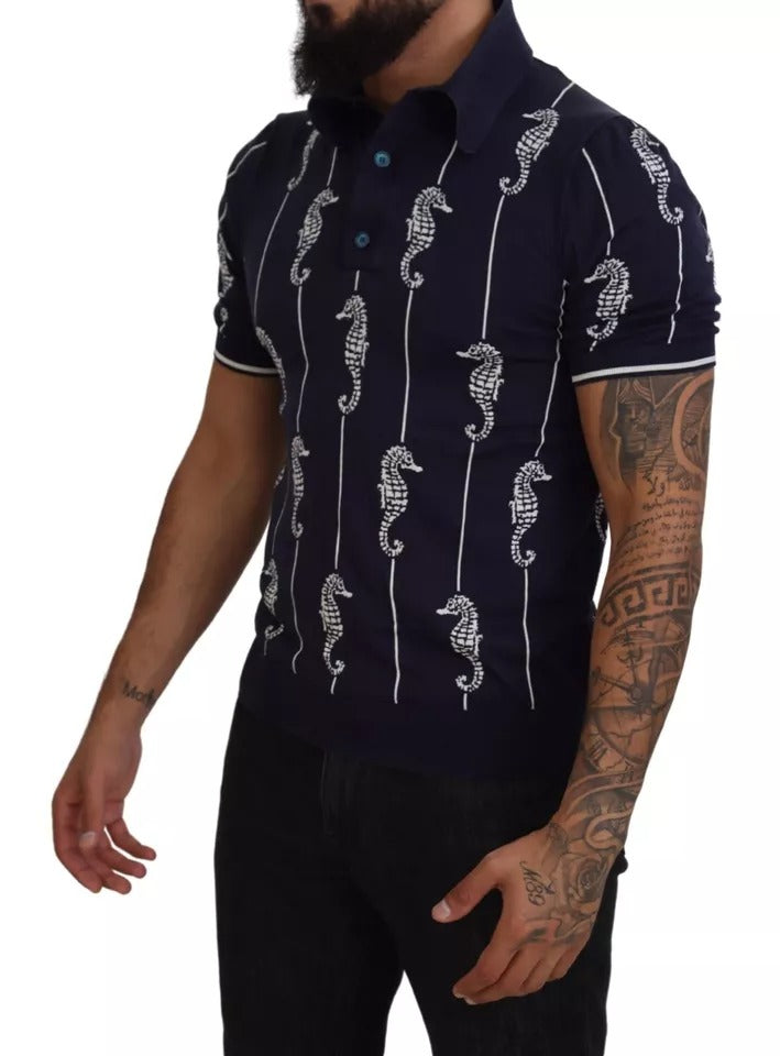 Dolce & Gabbana Dark Blue Sea Horse Collared Polo T-shirt | Regal Royce