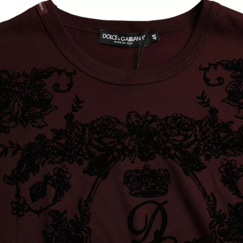 Dolce & Gabbana Maroon DG Crown Floral Crewneck Men T-shirt | Regal Royce