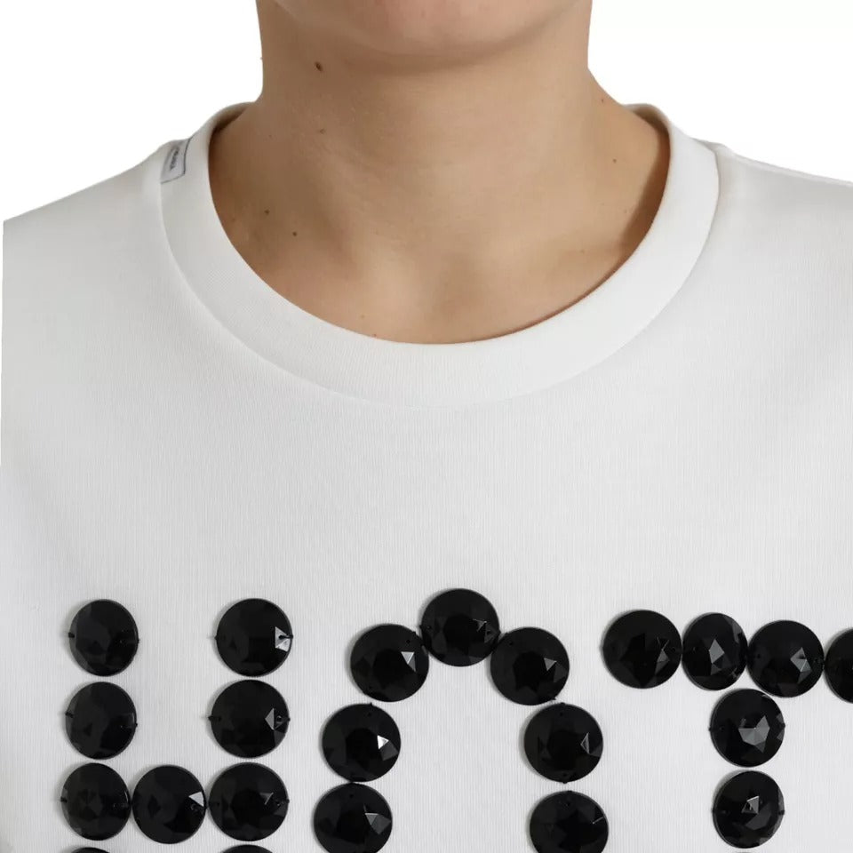 Dolce & Gabbana White Cotton Black HOT Crystal Top T-shirt | Regal Royce