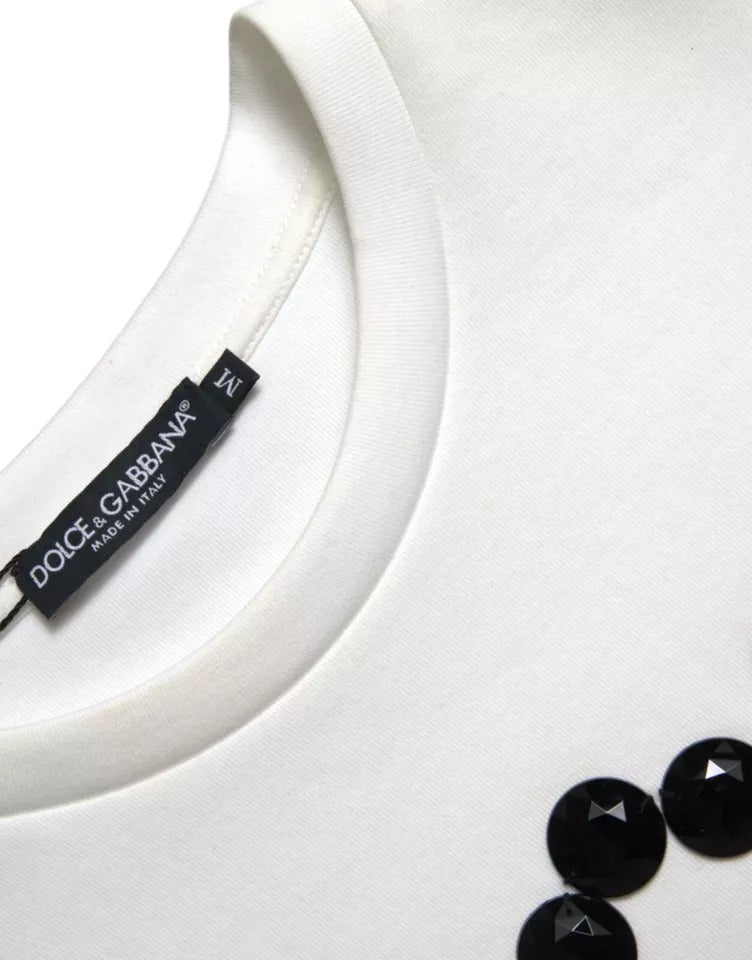 Dolce & Gabbana White Cotton Black HOT Crystal Top T-shirt | Regal Royce