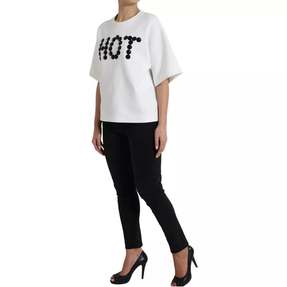 Dolce & Gabbana White Cotton Black HOT Crystal Top T-shirt | Regal Royce