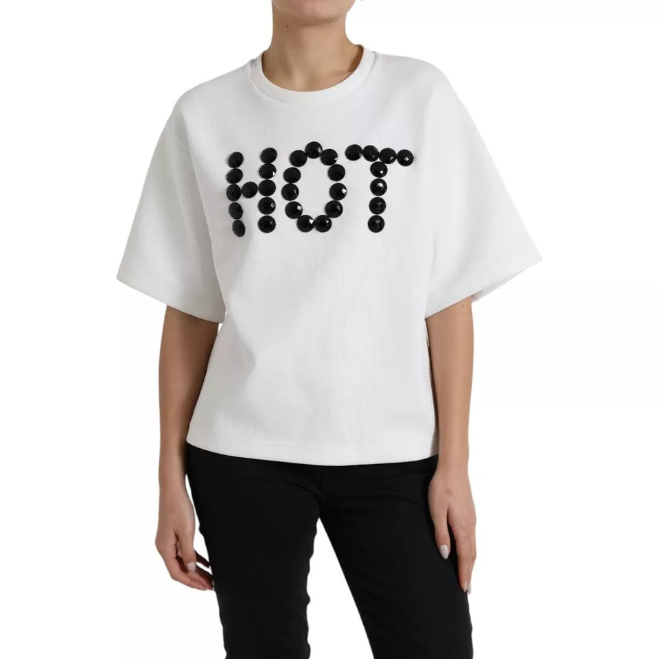 Dolce & Gabbana White Cotton Black HOT Crystal Top T-shirt | Regal Royce