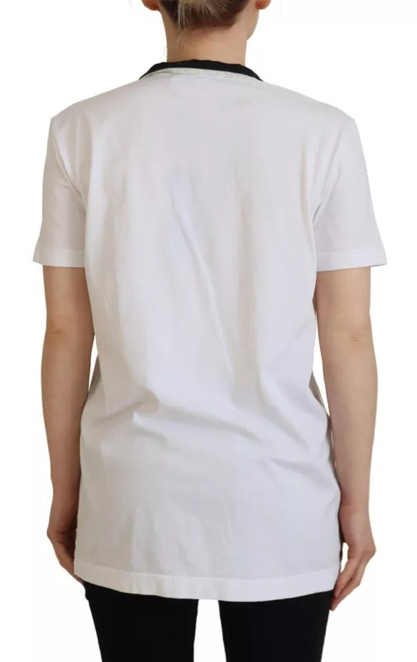 Dolce & Gabbana White Cotton Printed Ascot Collared T-shirt | Regal Royce