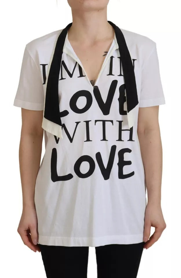 Dolce & Gabbana White Cotton Printed Ascot Collared T-shirt | Regal Royce