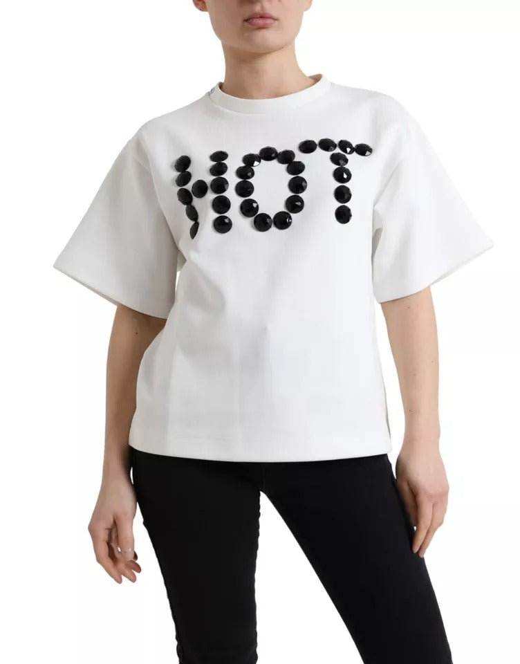 Dolce & Gabbana White Cotton Stretch Black HOT Crystal T-shirt | Regal Royce