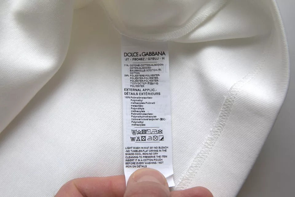 Dolce & Gabbana White Cotton Stretch Black HOT Crystal T-shirt | Regal Royce