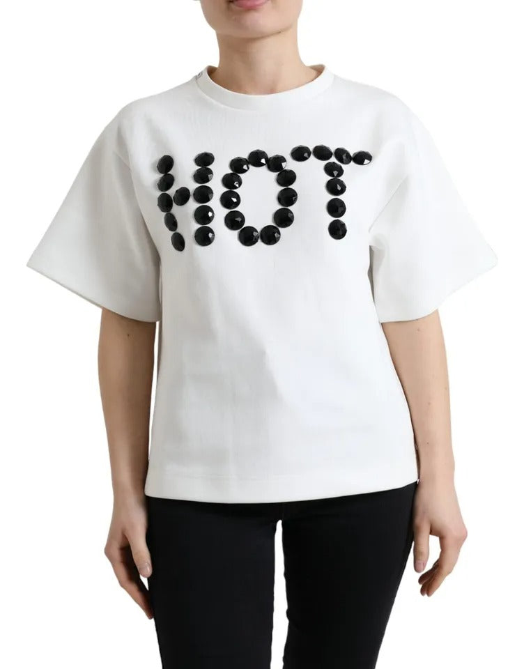 Dolce & Gabbana White Cotton Stretch Black HOT Crystal T-shirt | Regal Royce