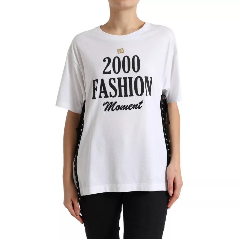 Dolce & Gabbana White Slogan Print Lacing Detailed T-shirt | Regal Royce