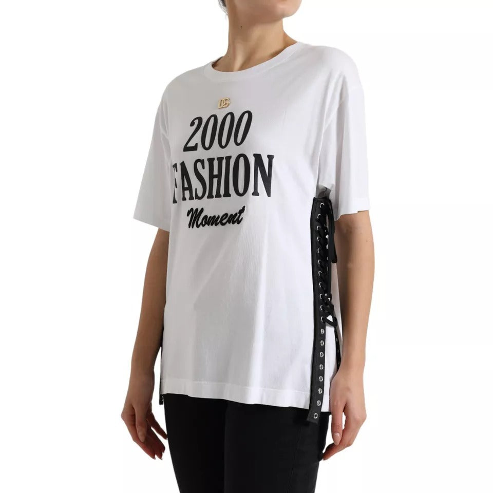 Dolce & Gabbana White Slogan Print Lacing Detailed T-shirt | Regal Royce