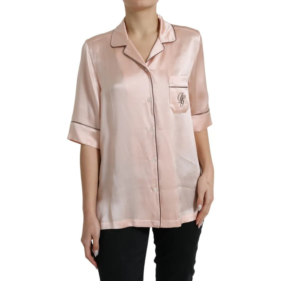 Dolce & Gabbana Pink Silk Long Sleeves Logo Pajama Blouse Top | Regal Royce