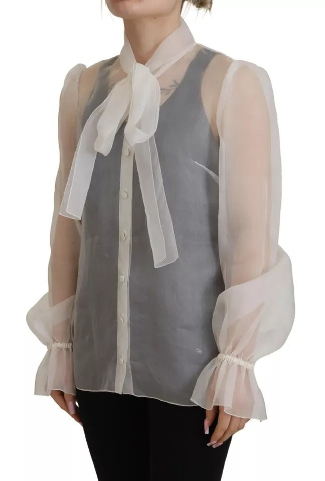 Dolce & Gabbana White Ascot Collar Long Sleeves Blouse Top | Regal Royce