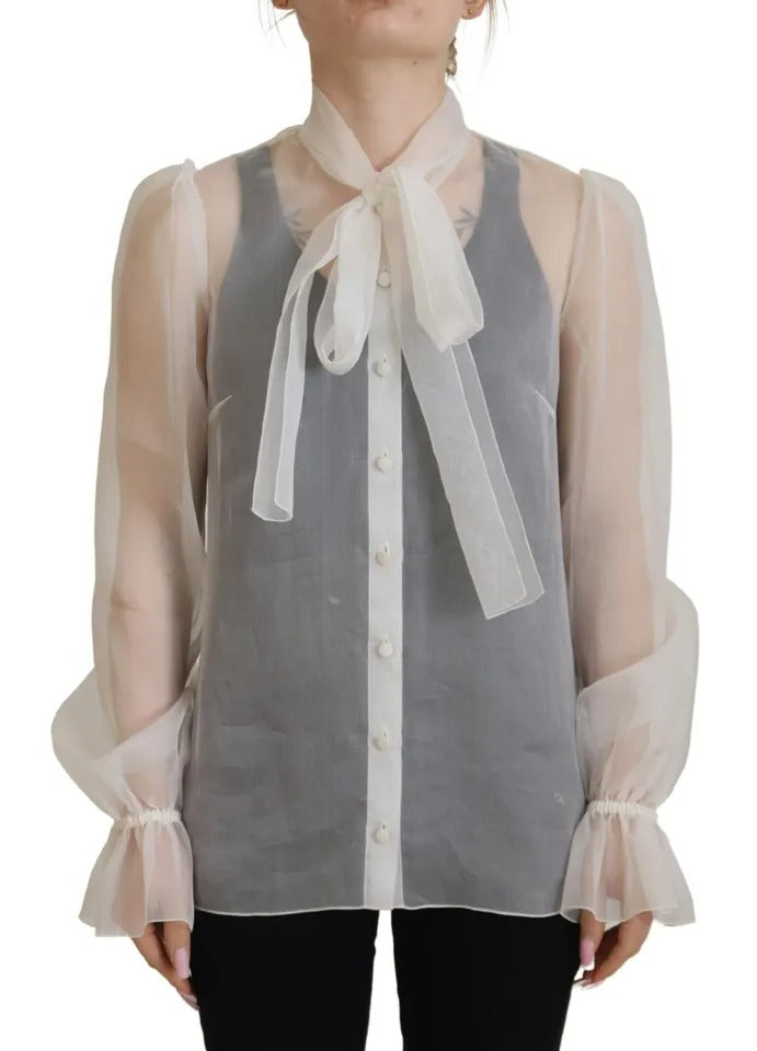 Dolce & Gabbana White Ascot Collar Long Sleeves Blouse Top | Regal Royce