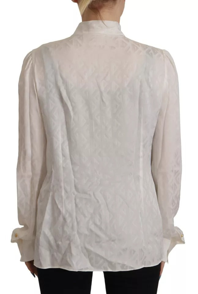 Dolce & Gabbana White Patterned Silk Ascot Collar Blouse Top | Regal Royce
