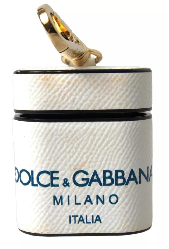 Dolce & Gabbana White Blue Calf Leather Logo Print Strap Airpods Case | Regal Royce
