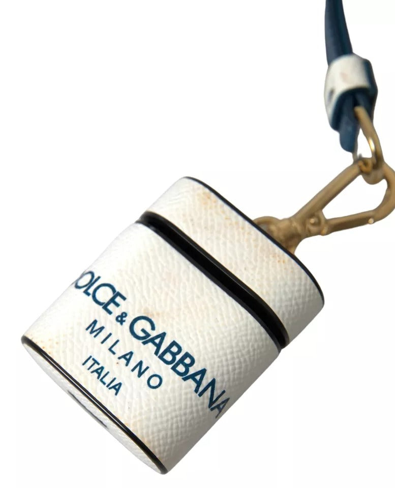 Dolce & Gabbana White Blue Calf Leather Logo Print Strap Airpods Case | Regal Royce