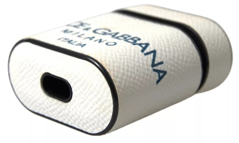 Dolce & Gabbana White Blue Calf Leather Logo Print Strap Airpods Case | Regal Royce