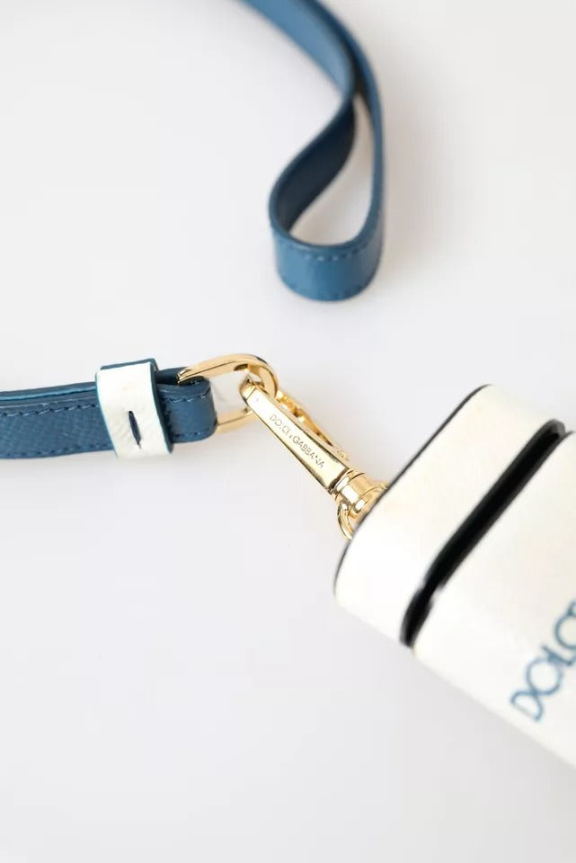 Dolce & Gabbana White Blue Calf Leather Logo Print Strap Airpods Case | Regal Royce