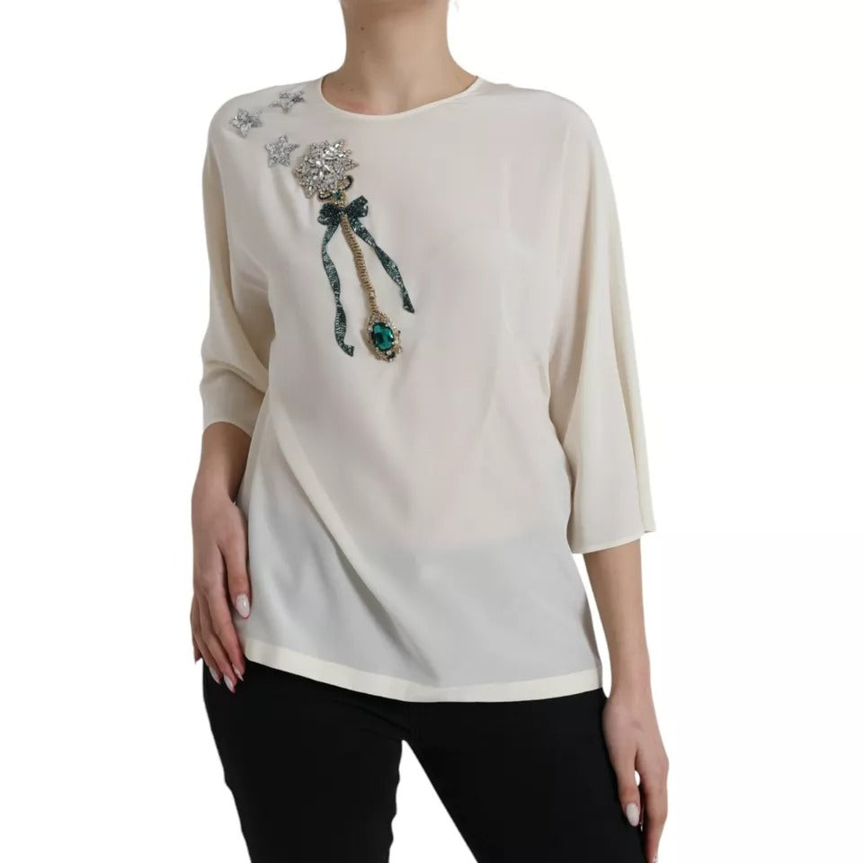 Dolce & Gabbana White Silk Crystal 3/4 Sleeves Blouse Top | Regal Royce