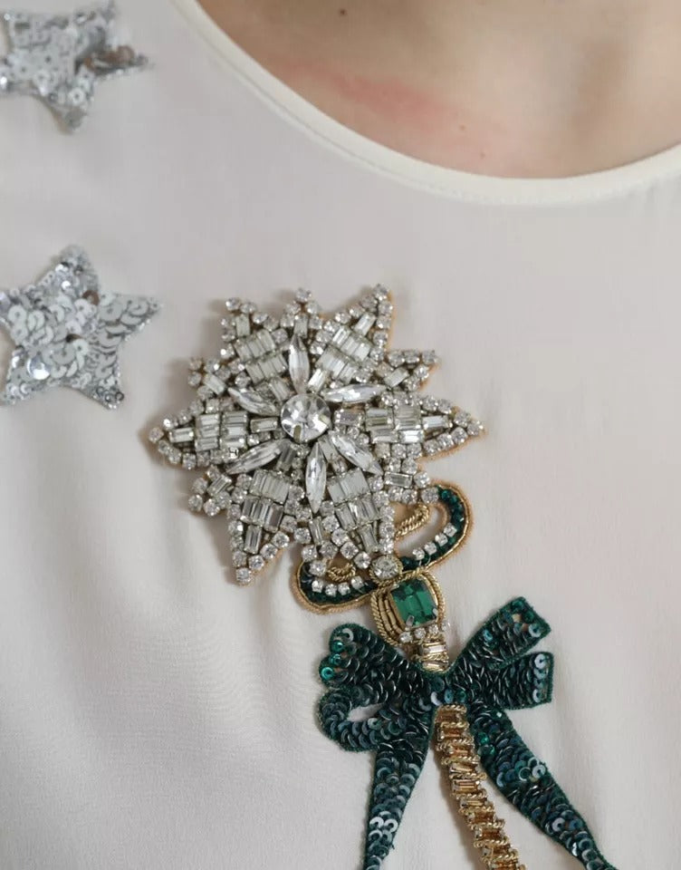 Dolce & Gabbana White Silk Crystal 3/4 Sleeves Blouse Top | Regal Royce