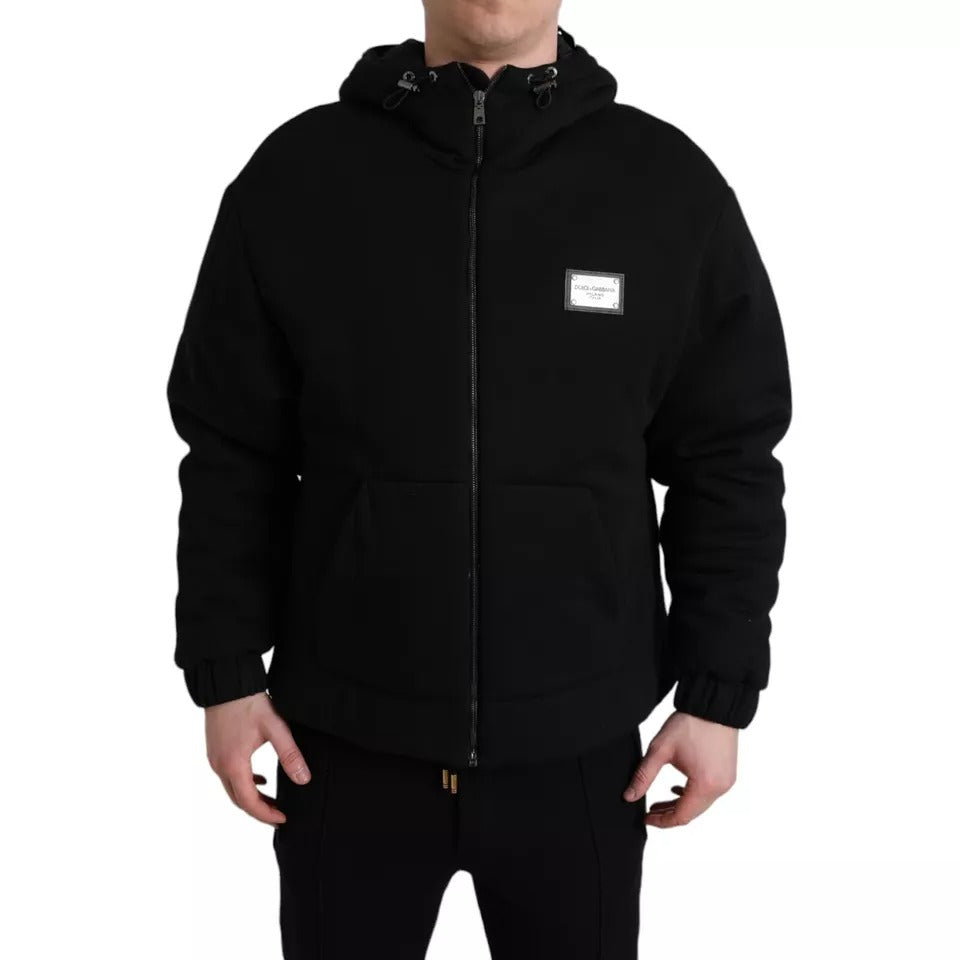 Dolce & Gabbana Black Cotton Hooded Logo Bomber Men Jacket | Regal Royce