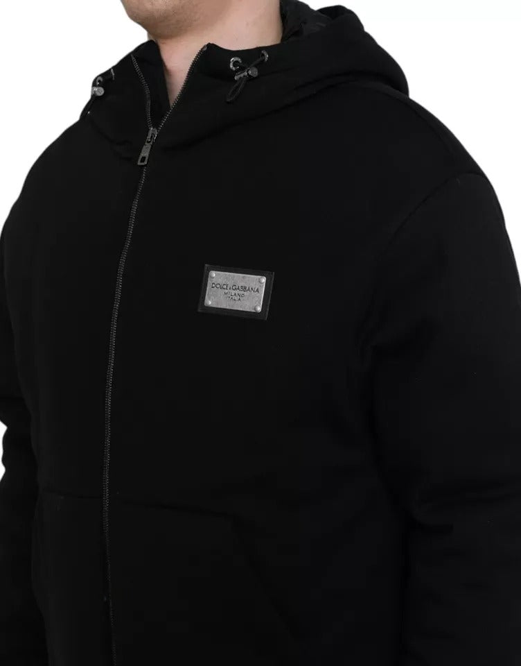Dolce & Gabbana Black Cotton Hooded Logo Bomber Men Jacket | Regal Royce