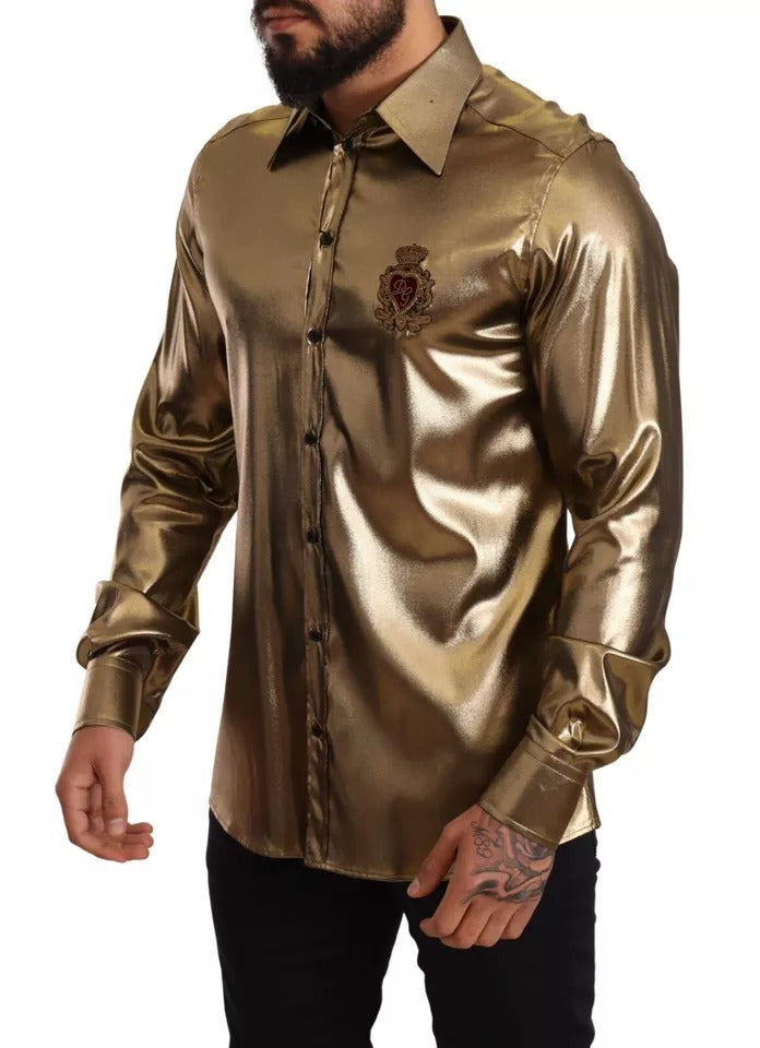 Dolce & Gabbana Metallic Gold DG Embroidered Crown Silk Top Shirt | Regal Royce