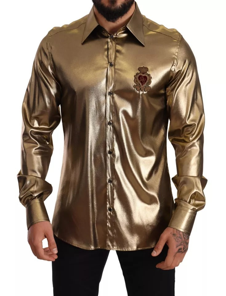 Dolce & Gabbana Metallic Gold DG Embroidered Crown Silk Top Shirt | Regal Royce